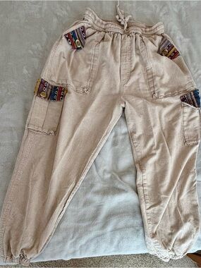 Bohemian Elastic-Waist unisex Cargo Pants - Beige with Multicolor Accents